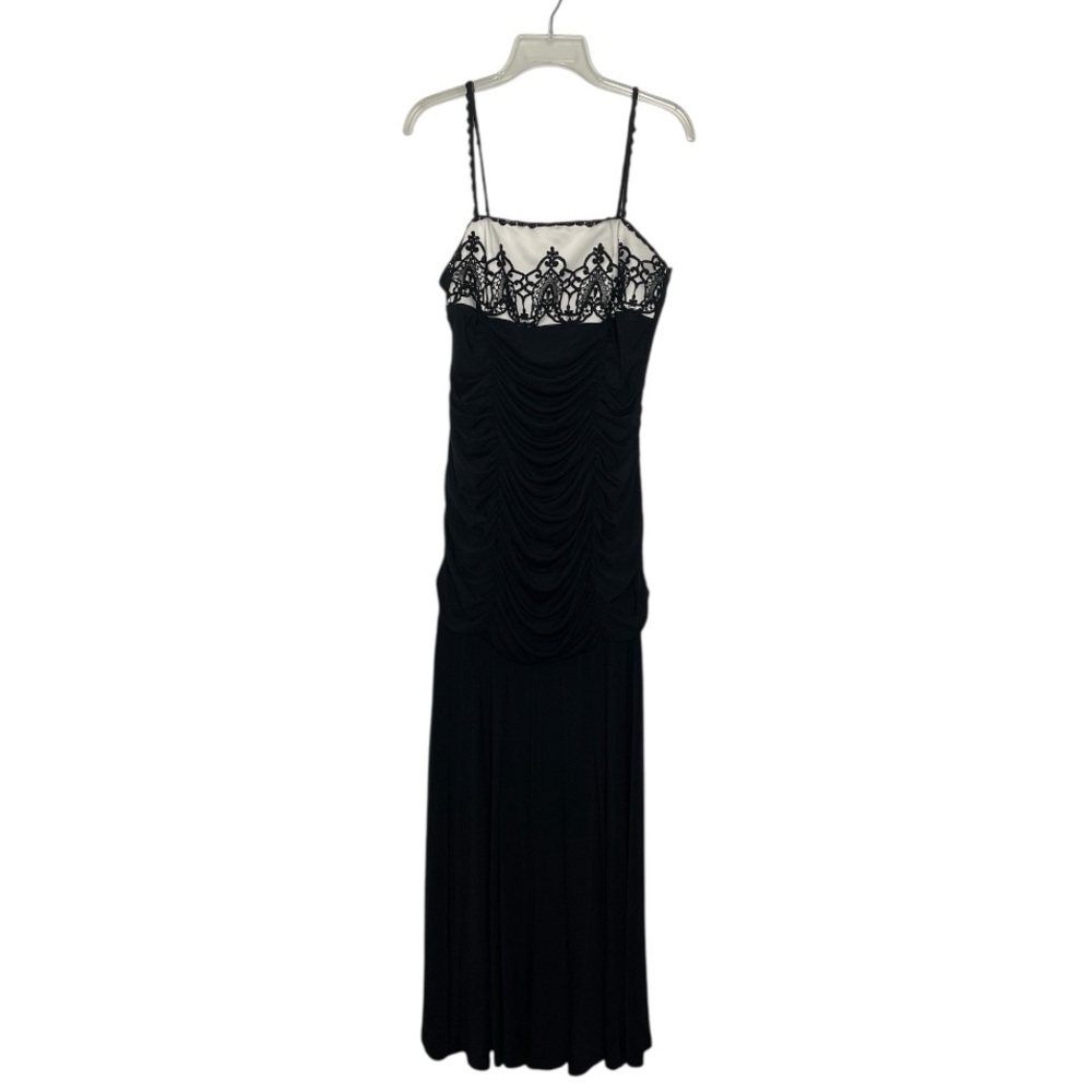 Vintage 80's Jessica McClintock Ivory Black Jersey Ruched Maxi Gown Dress Sz 12